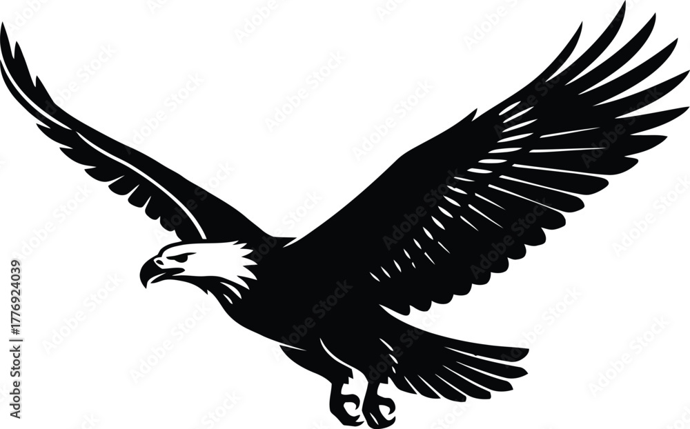 Fototapeta premium Black Silhouette of an Eagle in Flight with Wings Spread Wide bird flying