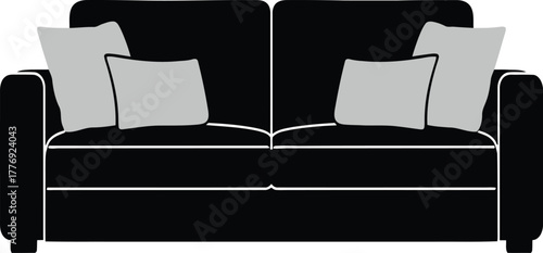 Black Two- Seater Sofa with Light Gray Cushions and White Piping couch furniture