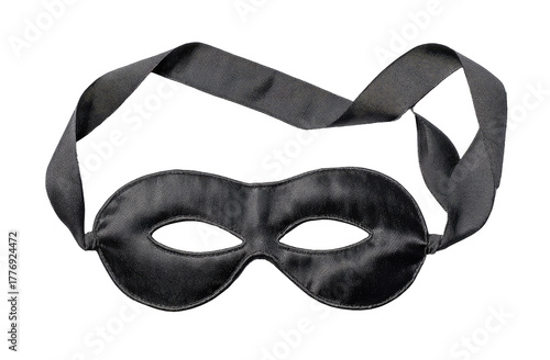 A black satin eye mask with wide ribbon straps, laid flat