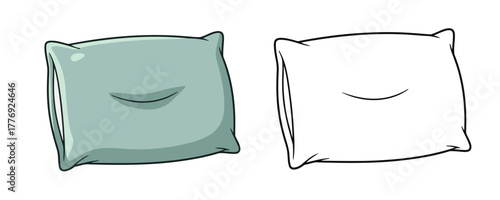 Fluffy rectangular sleeping pillow in mint green color drawing and outline for bedtime comfort rest and sleep design elements