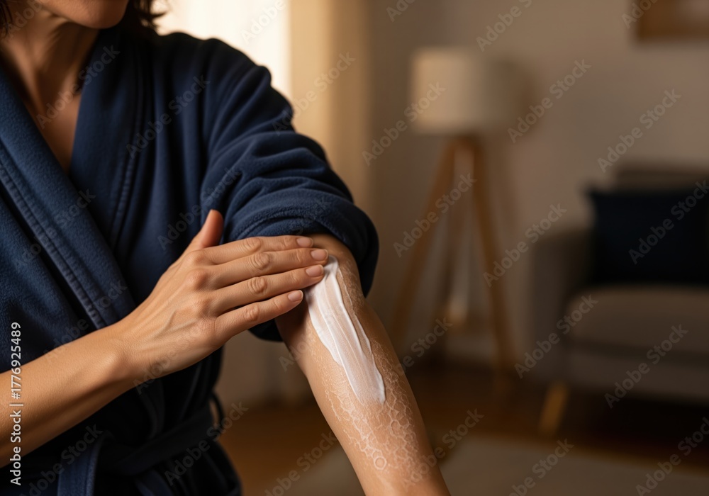 Obraz premium Woman applying thick moisturizing body cream to her arm in a close up shot