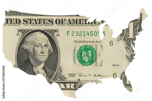 A U.S. dollar bill shaped like the United States map, featuring George Washington’s face.