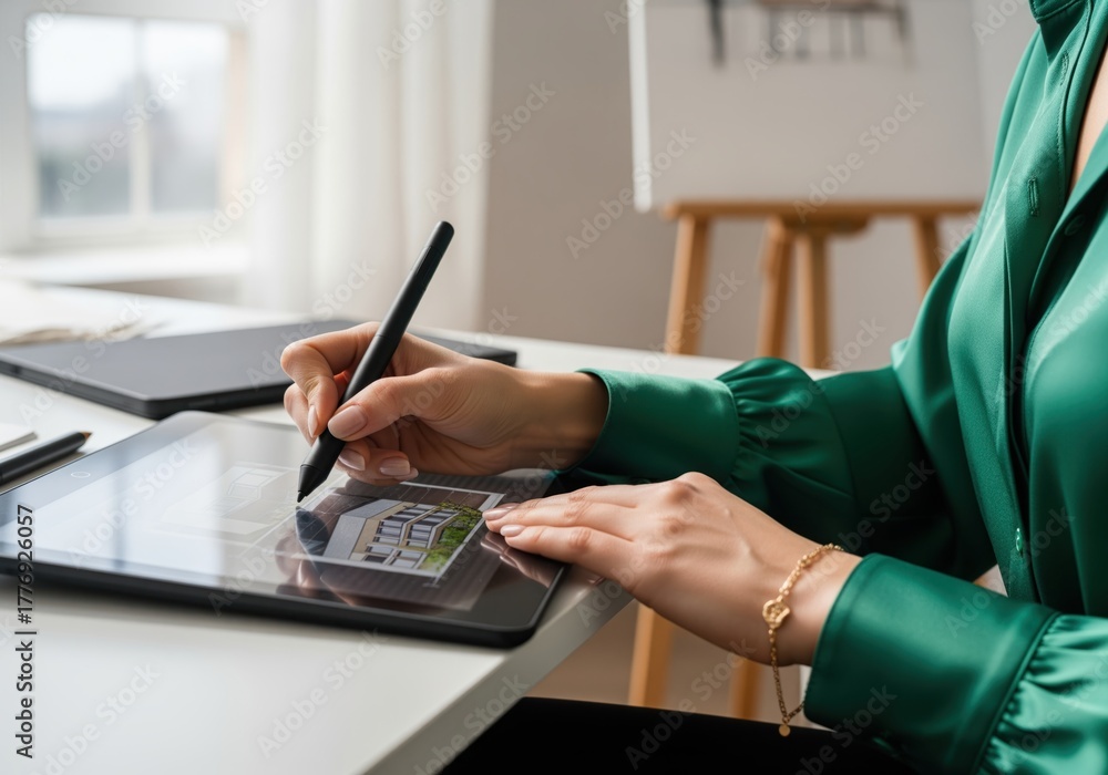 Fototapeta premium Woman designer sketching architectural building plans on a modern digital tablet