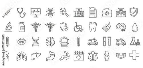 Collection of medical and science icons isolated on white background