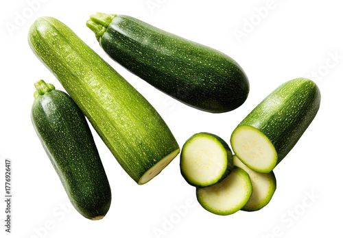 Fresh zucchini, whole and sliced, vibrant green, displayed in an assortment