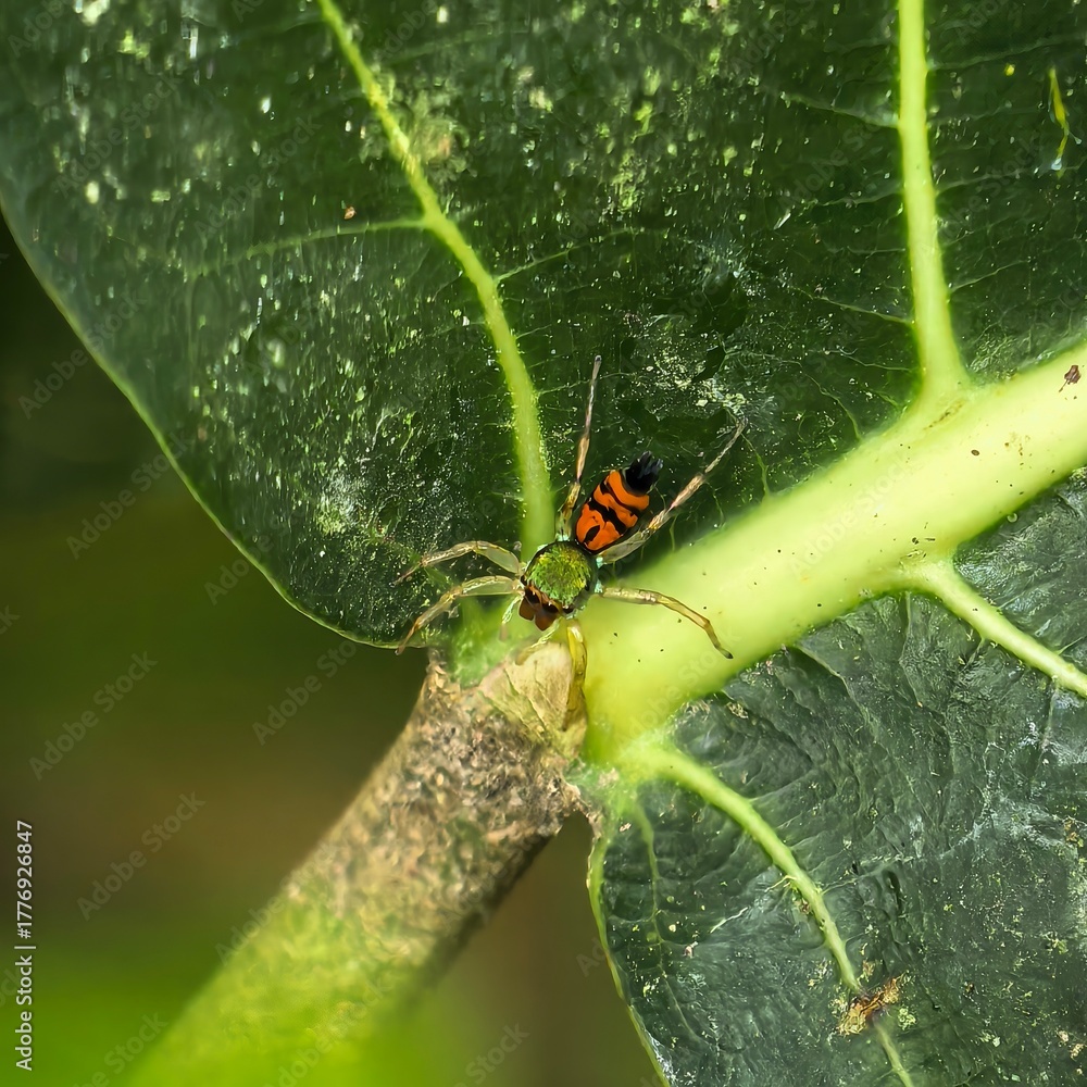 Fototapeta premium Colorful Jumping Spider Perched on Leafy Green Plant
