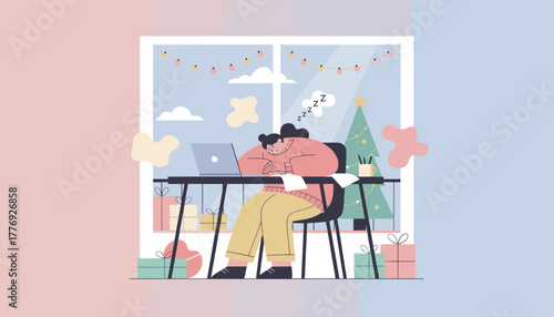 Christmas deadline stress Person sleeping on desk near laptop and holiday tree