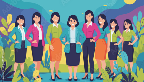 Diverse team of smiling business women standing together in a vibrant setting Success and female leadership