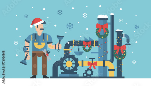Cartoon plumber in Santa hat repairing festive industrial piping system during winter maintenance