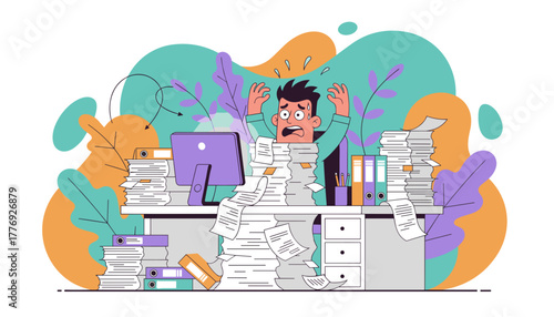 Overwhelmed worker drowning in stacks of documents and files representing stress and excessive workload