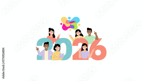 Diverse team celebrates success and innovation in 2026 pointing to a bright future goal