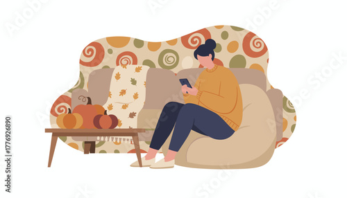 Cozy autumn evening Woman relaxing at home scrolling phone in a fallthemed living room