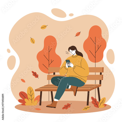 Stressed woman checks phone on a park bench in autumn Flat vector illustration of digital isolation