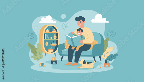 Father reading a storybook to his smiling son on the sofa at home emphasizing family time and bonding