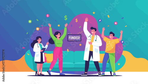 Happy medical team celebrates successful funding and investment achievement with great enthusiasm