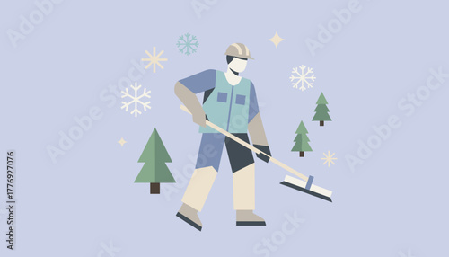 Illustration of maintenance worker sweeping snow in a winter setting