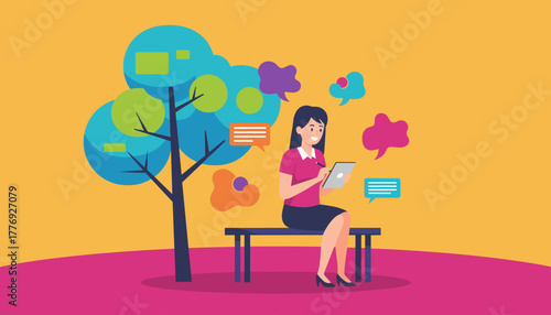 Smiling woman using digital tablet and stylus on a park bench Remote communication and technology