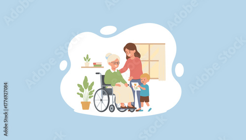 Three generations showing support grandmother in wheelchair daughter and grandson sharing love and art