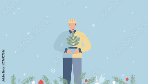 Professional holding potted evergreen plant during winter holidays Construction and nature concept