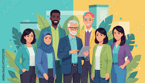 Diverse professional business team smiling symbolizing global teamwork inclusion and success