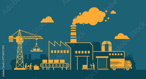 Industrial complex workflow production construction workers and shipping logistics