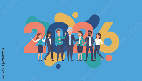 Diverse business team standing against colorful 2026 numbers celebrating success and future goals