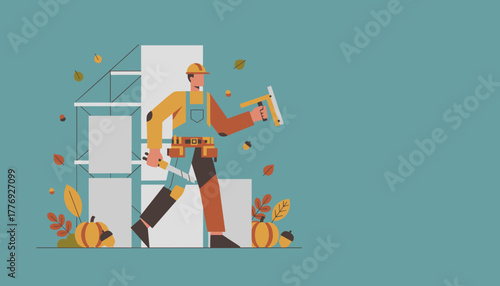 Flat illustration of a builder with tools scaffolding and autumn decorations like pumpkins