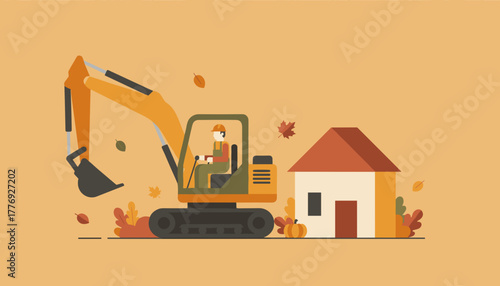 Construction worker operating an excavator near a house autumn flat design illustration