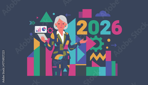 Senior business woman presents 2026 annual plan with tablet and data visuals Corporate future concept