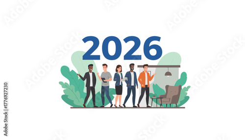 Professional team planning future success for 2026 Diverse business outlook illustration
