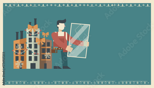 Handyman installs glass window near festive buildings Service and maintenance during holidays