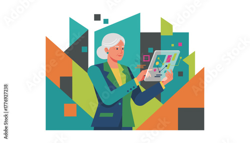 Senior businesswoman analyzing data on a futuristic digital tablet Business technology concept