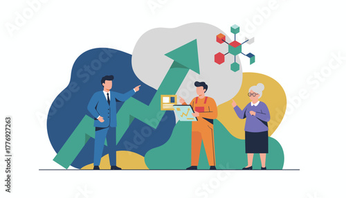 Diverse team analyzing growth metrics and strategy for future business success