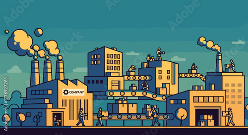 Manufacturing complex illustration busy workers production lines and industrial buildings under a teal sky