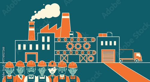 Happy industrial team illustration in front of a factory with gears production line and delivery truck
