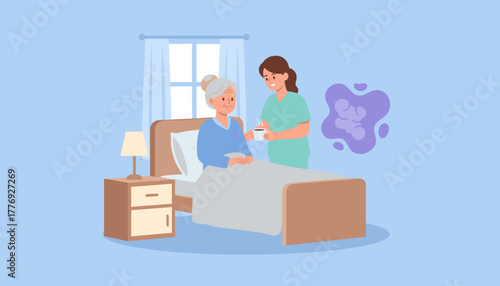 Caregiver supports elderly woman in bed illustrating health memory and dementia awareness
