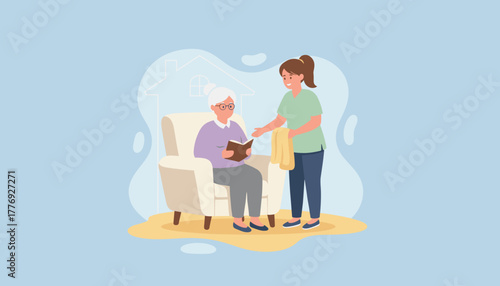 Caregiver providing assistance and companionship to elderly woman reading at home