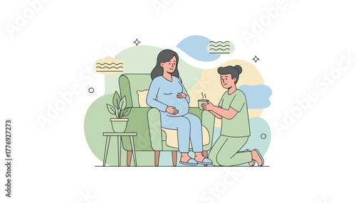 Caring partner provides a warm drink to a smiling pregnant woman relaxing in an armchair at home