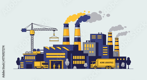 Industrial factory complex vector illustration showing manufacturing logistics construction and environmental issues