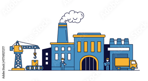 Production facility illustration factory crane workers and truck Manufacturing and logistics industry concept