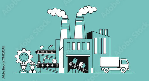 Industrial manufacturing concept with factory workers conveyor belt and logistics truck