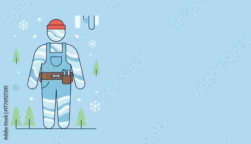 Plumber or repairman in winter clothes cold weather maintenance service concept illustration