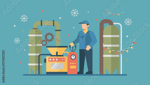 Industrial worker operating factory machinery decorated with Christmas lights and snowflakes