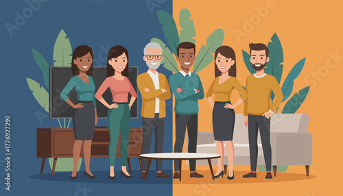 Diverse team of six professionals smiling confidently in a modern office or meeting room setting