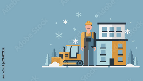 Worker with bulldozer clearing snow outside apartment building Winter maintenance service illustration