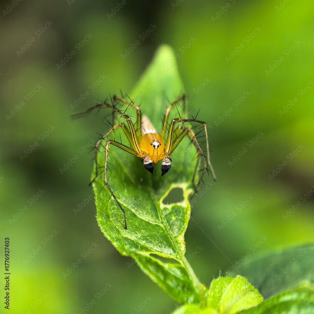Naklejka premium Spider perches on a vibrant green leaf