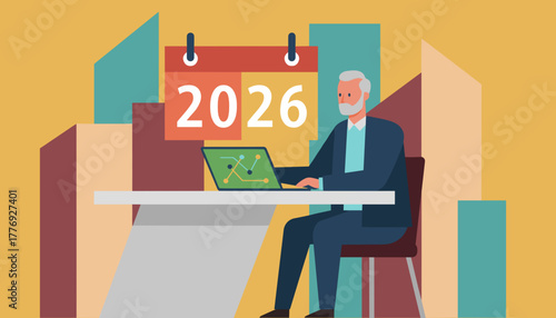 Senior manager planning business strategy for the year 2026 using laptop analytics