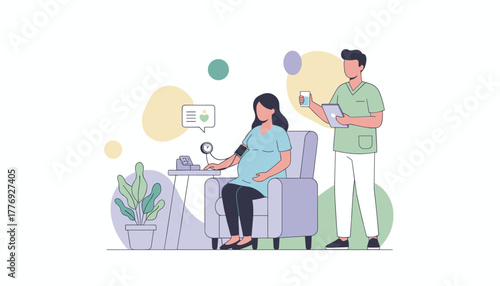 Illustration of a nurse monitoring a pregnant patient during a routine medical check