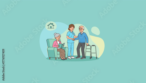 Home care service illustration Nurse greets senior man while elderly woman relaxes
