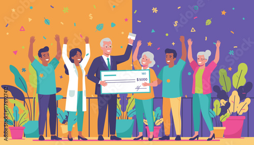 Diverse team celebrates winning a large 5000 check presentation with confetti and festive joy